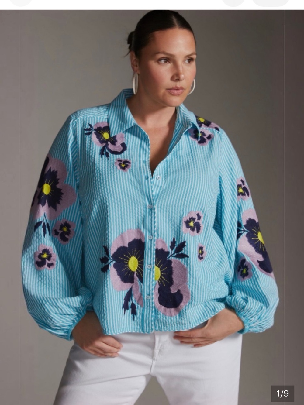 Anthropologie Maeve Blue Floral Embroidered Cotton Button Shirt Small NWT